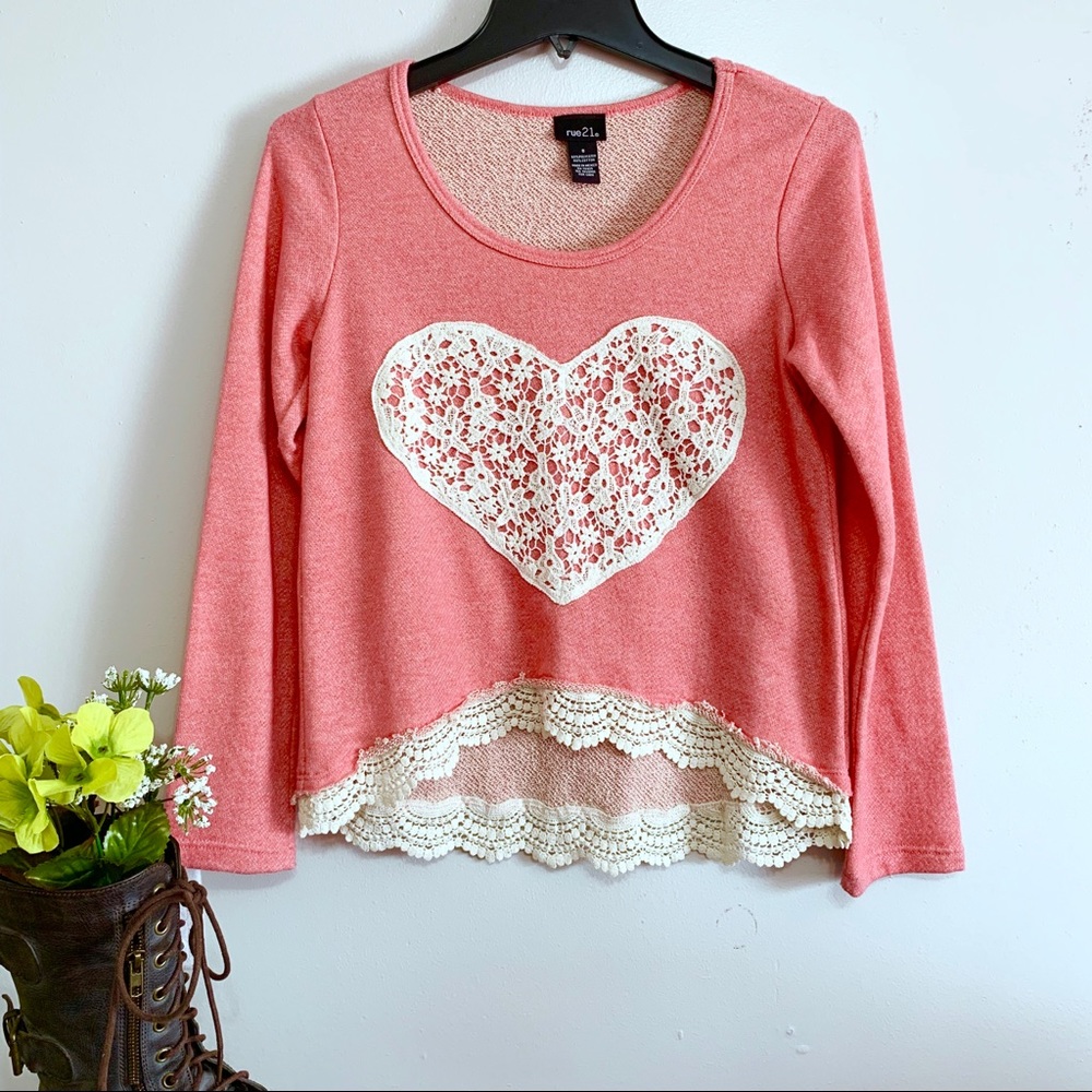 Rue21 Women’s Juniors Coral and Cream Long Sleeve Lace Sweatshirt Top - NWT